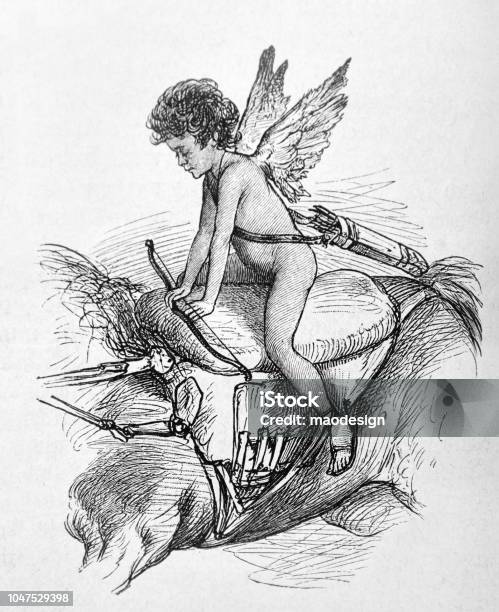 God Of Love Amor Is Riding A Horse 1888 Stock Illustration - Download Image Now - 1880-1889, 1888, 19th Century