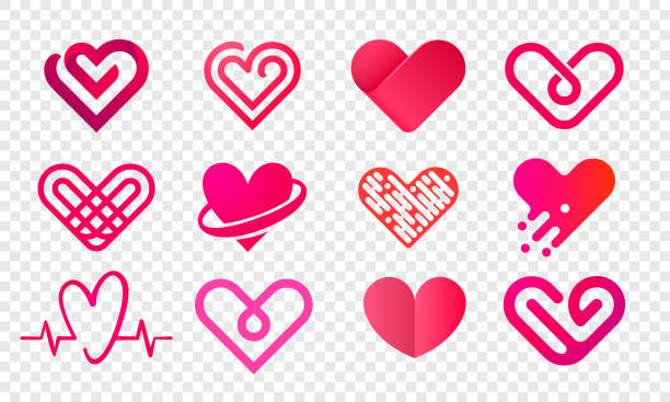 心徽標向量圖示設置。獨立的現代心臟標誌為心臟病學藥房和醫療中心。情人節愛情或婚宴賀卡時尚網路社交網路應用設計 - 愛情約會 插圖 幅插畫檔、美工圖案、卡通及圖標