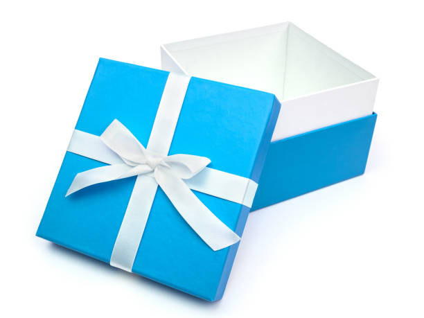 istock Open blue box with a gift and white bow isolated on white background 1047539504