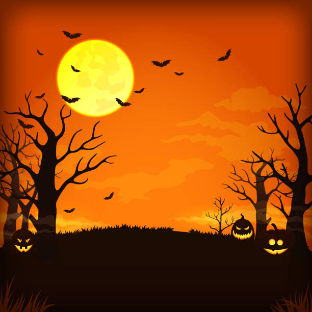 istock Spooky orange night background with full moon, clouds, bats, bare trees and pumpkins with glowing faces. 1047540088