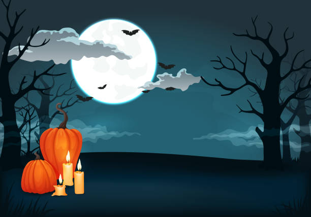 istock Spooky night background with full moon, clouds, bats, pumpkins, candles and bare trees silhouettes. 1047540146