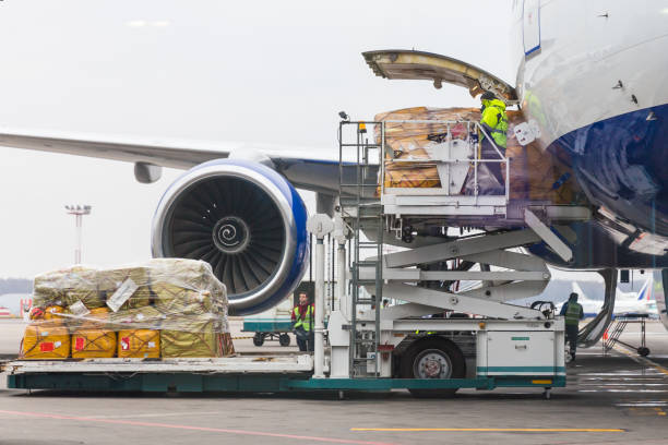 在俄羅斯莫斯科多莫傑多沃機場起飛前將貨物裝載到飛機上 - 裝貨 個照片及圖片檔