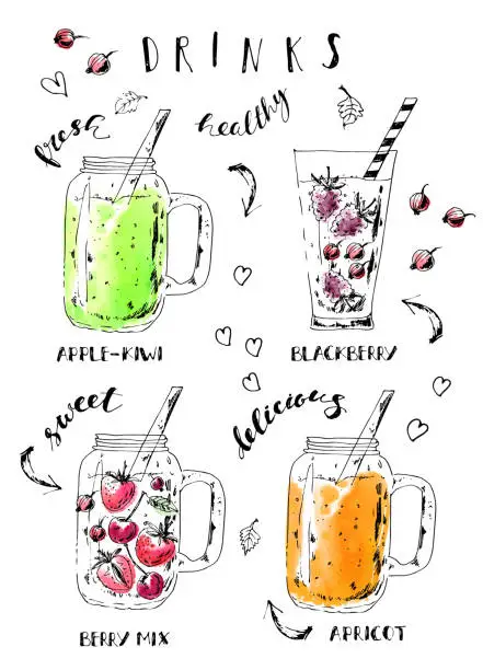 Vector illustration of Hand drawn summer fruit smoothie drinks background