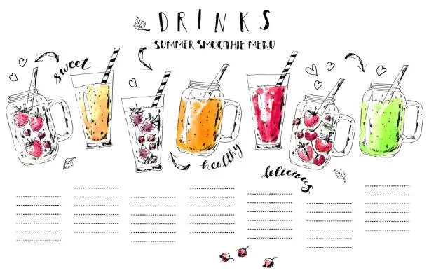 Vector illustration of Hand drawn summer fruit smoothie drinks menu. Ink and watercolor stain illustration.