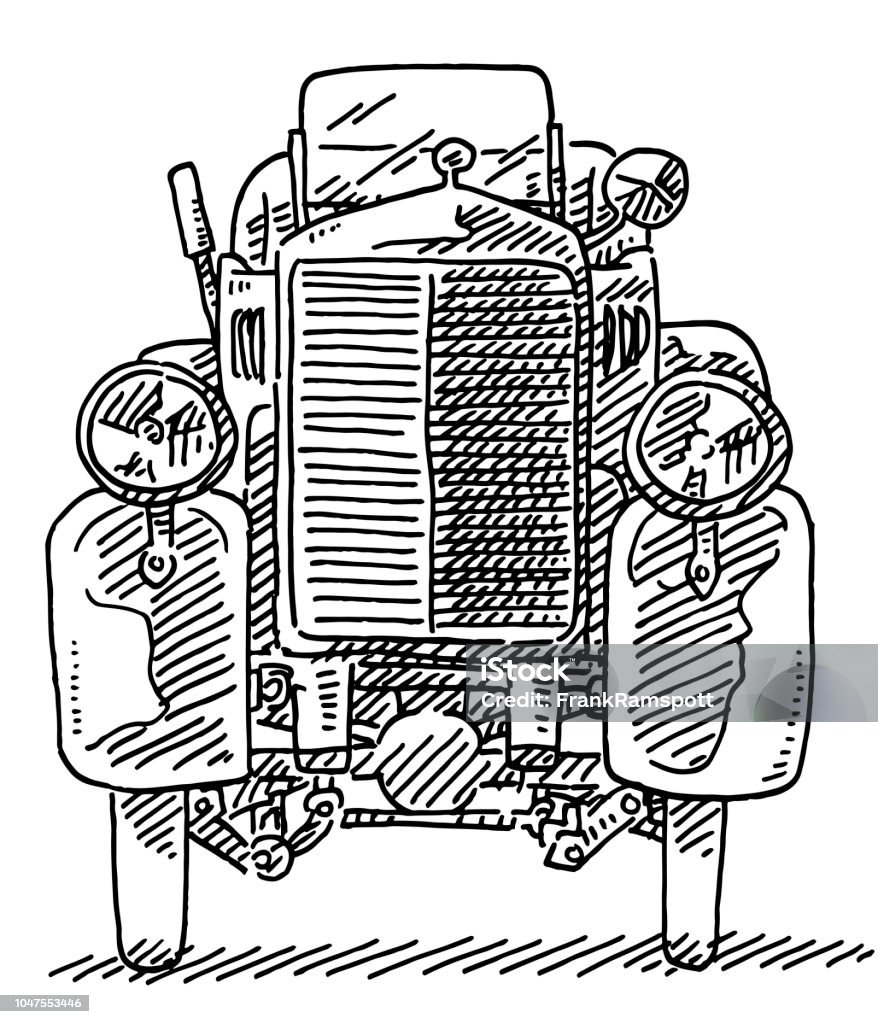 Fictional Oldtimer Front View Drawing Hand-drawn vector drawing of a Fictional Oldtimer, Front View. Black-and-White sketch on a transparent background (.eps-file). Included files are EPS (v10) and Hi-Res JPG. Collector's Car stock vector