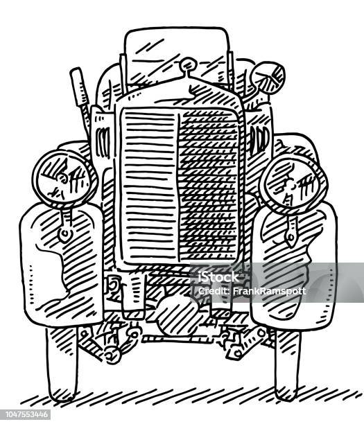 Fictional Oldtimer Front View Drawing Stock Illustration - Download Image Now - Collector's Car, Headlight, Sketch