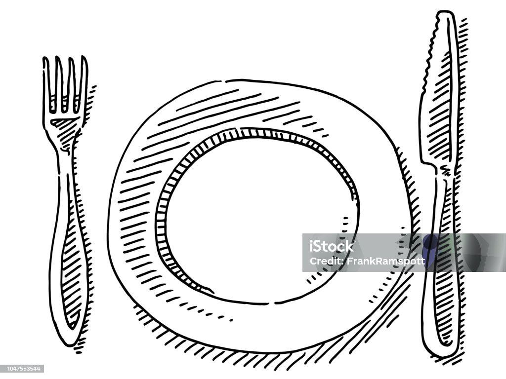 Knife Fork Plate Drawing Hand-drawn vector drawing of a Knife, a Fork and a Plate. Black-and-White sketch on a transparent background (.eps-file). Included files are EPS (v10) and Hi-Res JPG. Plate stock vector