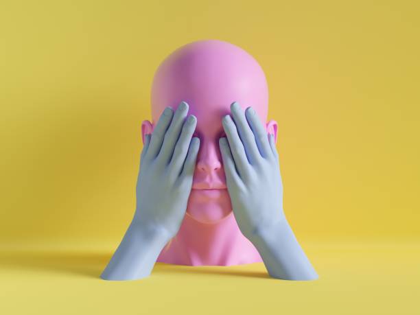 istock 3d render, female mannequin head, eyes closed by hands, blind concept, isolated object, minimal fashion background, shop display, pink blue yellow pastel colors 1047556816