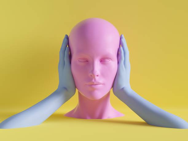 istock 3d render, female mannequin head, ears closed by hands, silence concept, isolated object, minimal fashion background, shop display, pink blue yellow pastel colors 1047556876