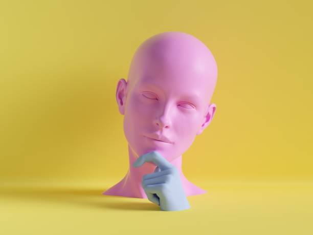 3d render, female mannequin head, hand, fashion concept, isolated object, minimal yellow background, shop display, pink blue body parts, pastel colors - people the human body human head human face imagens e fotografias de stock