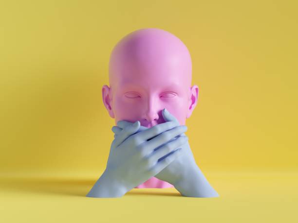 istock 3d render, speechless female mannequin head, mouth closed by hands, silence concept, isolated object, minimal fashion background, shop display, pink blue yellow pastel colors 1047556890