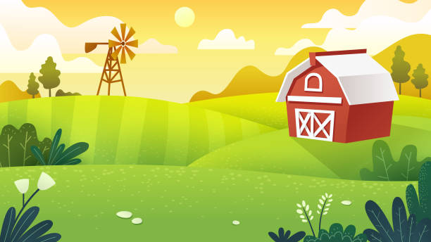 illustrazioni stock, clip art, cartoni animati e icone di tendenza di campi agricoli in stile lavoro artistico minimale e piatto - farm barn