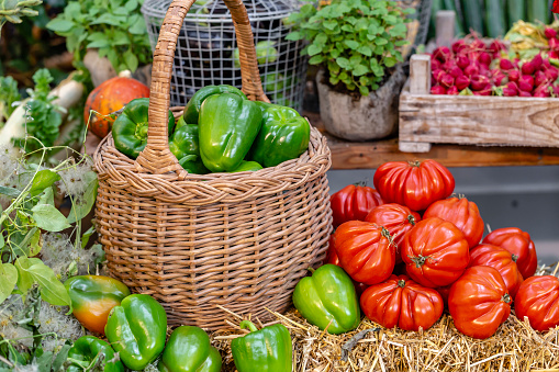 Market stall with green peppers in a braided basket and red ox heart tomatoes on straw