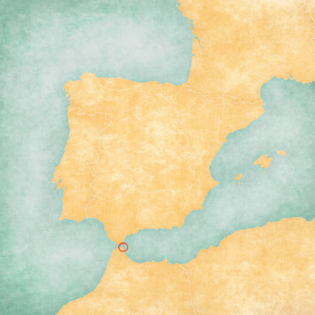 Map of Iberian Peninsula - Ceuta Ceuta on the map of Iberian Peninsula in soft grunge and vintage style on old paper. ceuta map stock illustrations