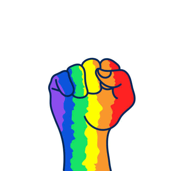 여성 여자 할 수 있다. 손 아이콘 고립 된 항의. 개념은 페미니즘의 상징입니다. 여자 power.harassment.woman 권리, 항의입니다. 게이 pride.lgbt 개념 무지개 제기 주먹으로 손 색깔. 스티커, 패치 - gay pride wristband rainbow lgbt stock illustrations