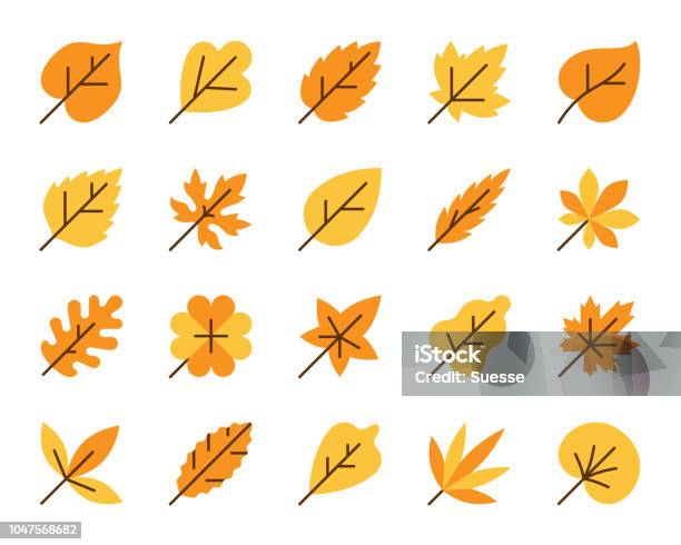 Organic Leaf Simple Flat Color Icons Vector Set Stock Illustration - Download Image Now - Autumn, Bay Leaf, Bean Sprout