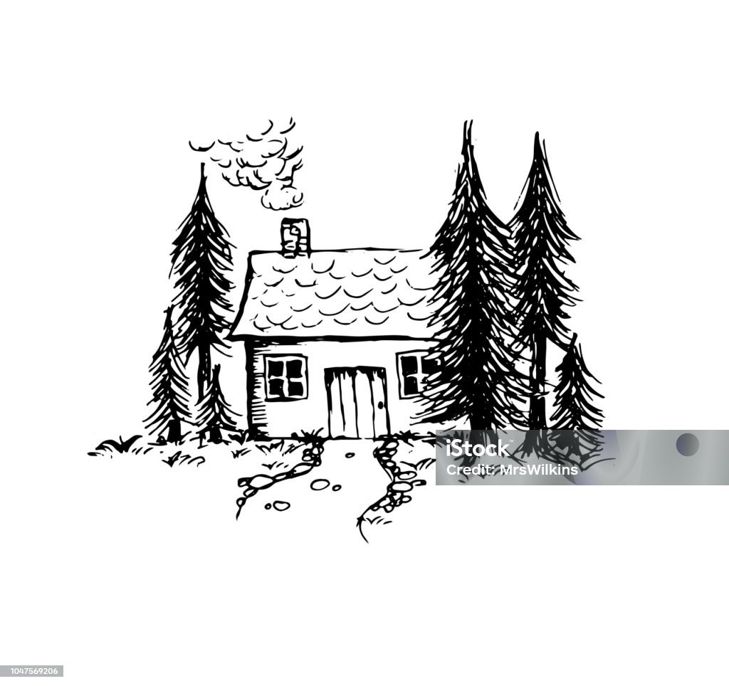 Hand drawn little house in the forest vector Hand drawn little house in the forest vector art Log Cabin stock vector