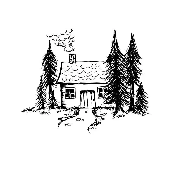 Vector illustration of Hand drawn little house in the forest vector