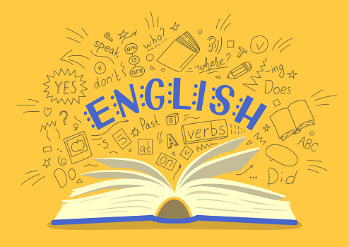 English. Open book with language hand drawn doodles and lettering on yellow background. Education vector illustration.