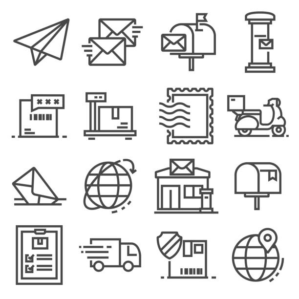 Vector line post service icons set on white background Vector line post service icons set. Postal stamp, scale, express delivery, post office, tracking number and more post office stock illustrations