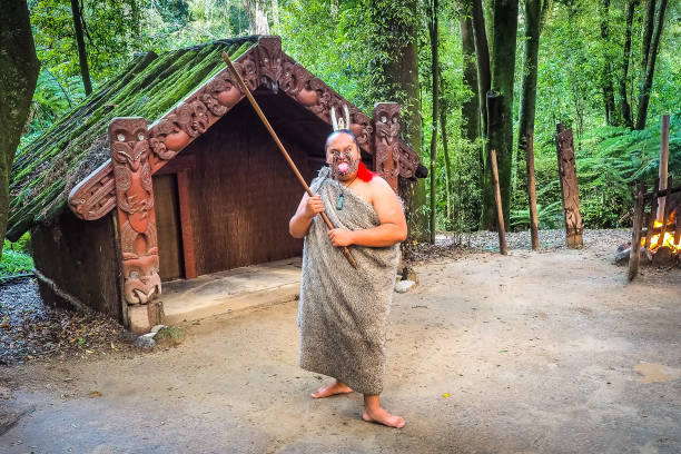 un guerrero maorí en el pueblo. - haka maori tattoo traditional culture fotografías e imágenes de stock