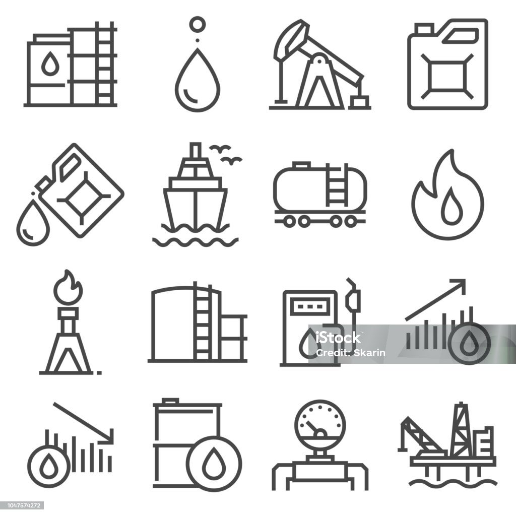 Industry oil gray line vector icon set Industry oil linevector icon set - oil jack vector, canister, offshore platform, gas station, pipeline, barrel, factory Motor Oil stock vector