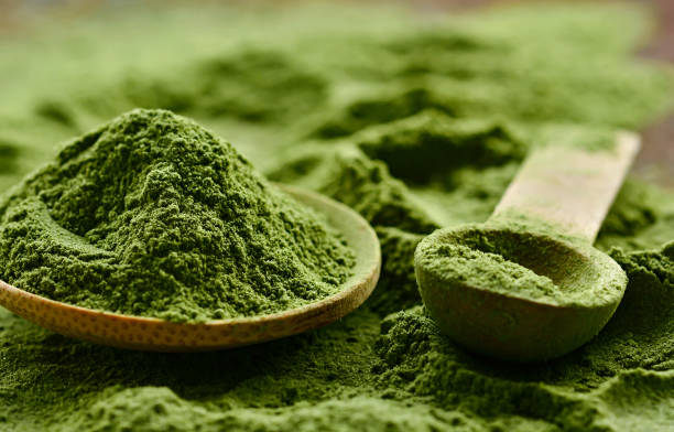 Green detox powder Green antioxidant powder spirulina stock pictures, royalty-free photos & images