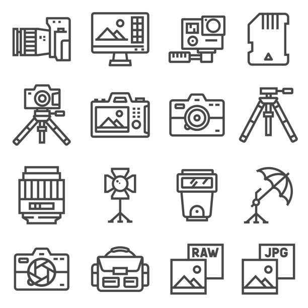 vektorlinie fotografie, ausrüstung, post-produktion, druck icons set - stativ fotos stock-grafiken, -clipart, -cartoons und -symbole