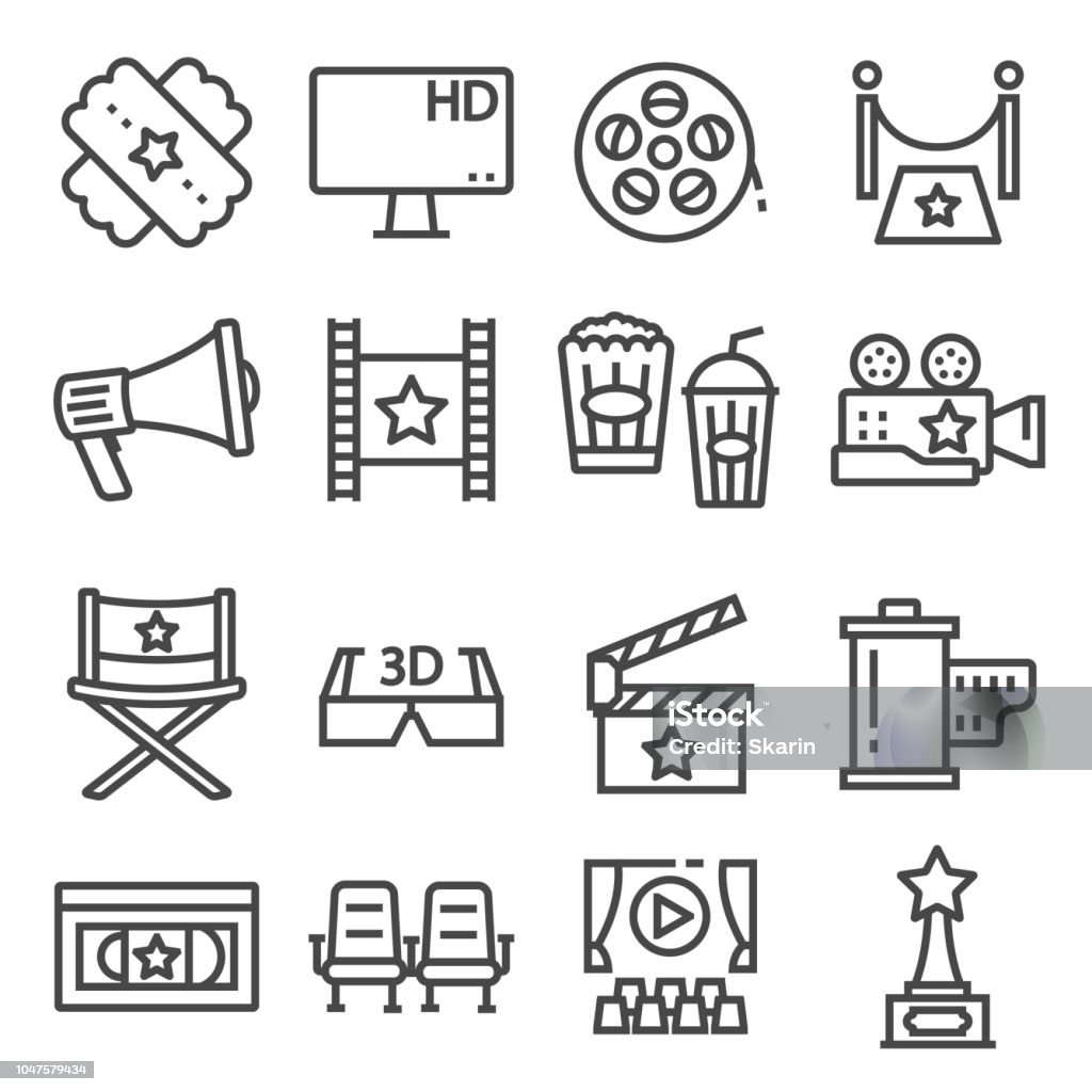 Gray line movies vector illustration icons set Movies vector illustration icon set. Camera, film, awards, popcorn 3d and more Arts Culture and Entertainment stock vector
