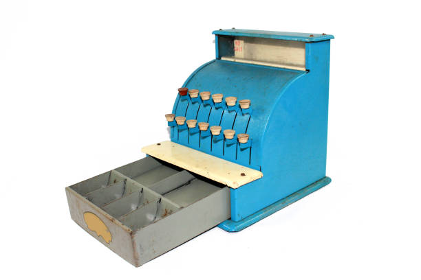 istock Old Fashioned Toy Till in Blue on White Background 1047581874