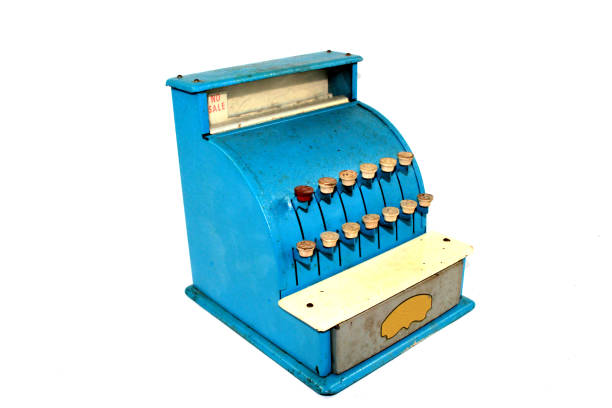 istock Old Fashioned Toy Till in Blue on White Background 1047582430