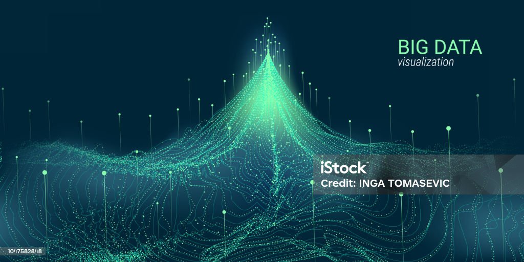 Abstract 3D Big Data Visualization. Big Data Vector Visualization. 3d Futuristic Cosmic Design. Technology Background. Visual Presentation on the Analysis of Big Data. Glow Fractal Element in Futuristic Style. Digital Data Visualization Big Data stock vector