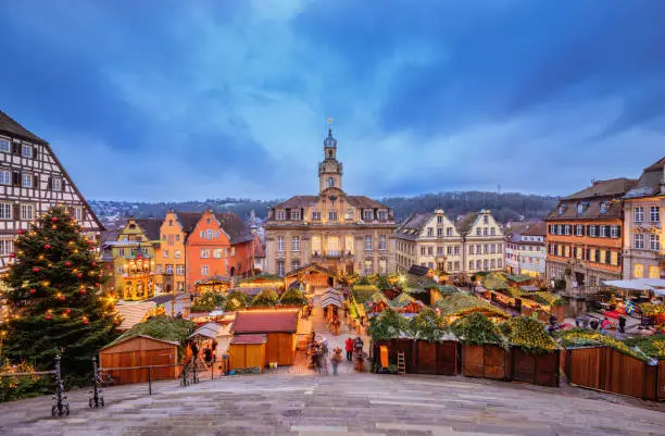 View over the Christmas Market on the Town Hall of the historic center of Schwäbisch-Hall