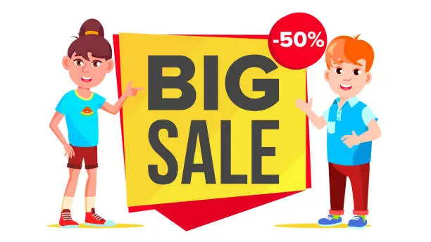 Vector illustration of Big Sale Banner Vector. School Children, Pupil. Funny Character. Up To 50 Percent Off Badges. Isolated Illustration
