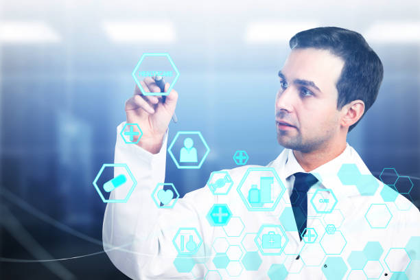 istock Attractive caucasian doctor with interface 1047586060