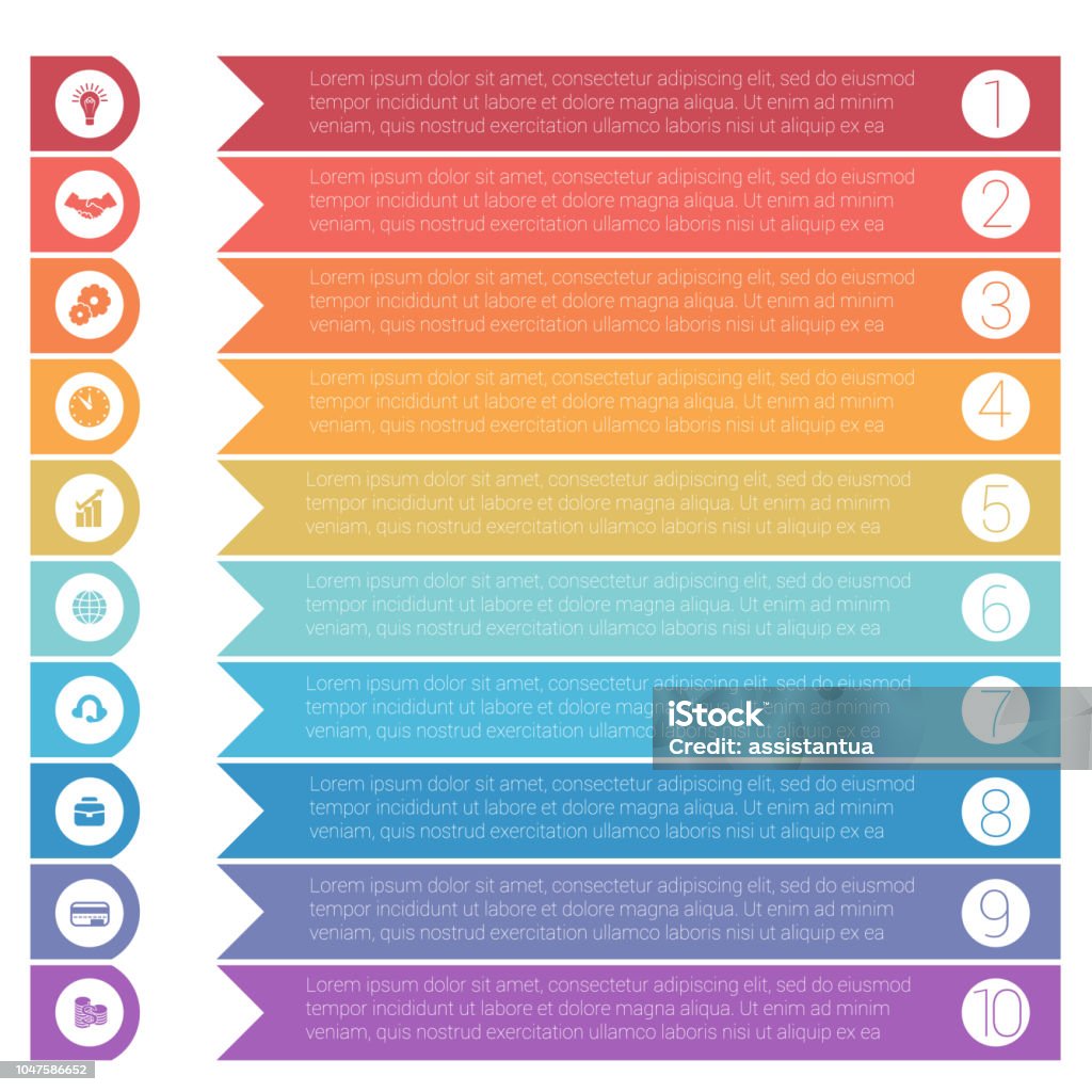 Template infographics from colorful hrizontal arrows for 10 positions. Arrow Symbol stock vector