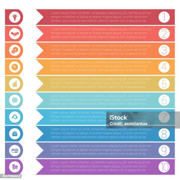 Template Infographics From Colorful Hrizontal Arrows For 10 Positions Stock Illustration - Download Image Now