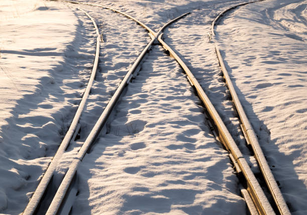 Two railway tracks merge. Winter sunset