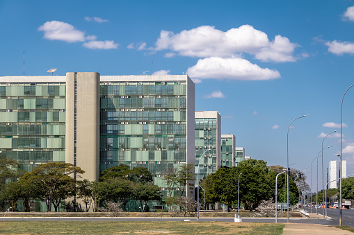 Brasilia, Brazil - Aug 26, 2018: Ministry buildings at Esplanade of the Ministeries (Esplanada dos Ministerios) - government departments offices - Brasilia, Distrito Federal, Brazil