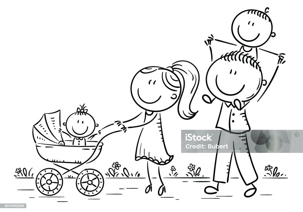 Happy cartoon family with two children walking outdoors, outline - Royalty-free Desenho arte vetorial