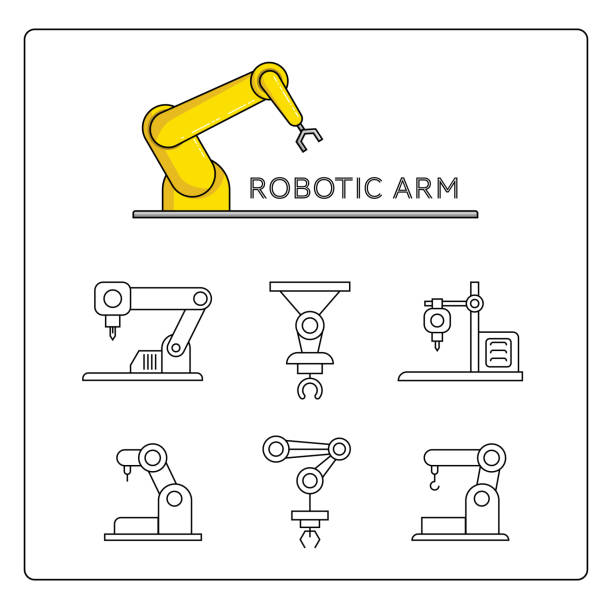 ilustraciones, imágenes clip art, dibujos animados e iconos de stock de brazo robótico y conjunto de iconos de impresora 3d - robot robot arm plastic production line