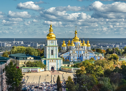 Kiev, Ukraine - September 22, 2018: View of Kiev city center and St. Michael's Golden-Domed Monastery from the tower of St. Sophia , Kiev, Ukraine