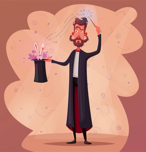 Circus poster with magician. Magician holding a hat with rabbit. Cartoon vector illustration. Circus poster with magician. Man holding a hat with rabbit. Cartoon vector illustration. Magic show. Illusionist make a trick wizard head stock illustrations