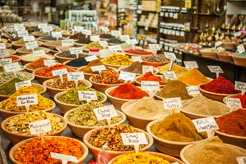 Various eastern spices, herbs and seasonings for different dishes in the shop