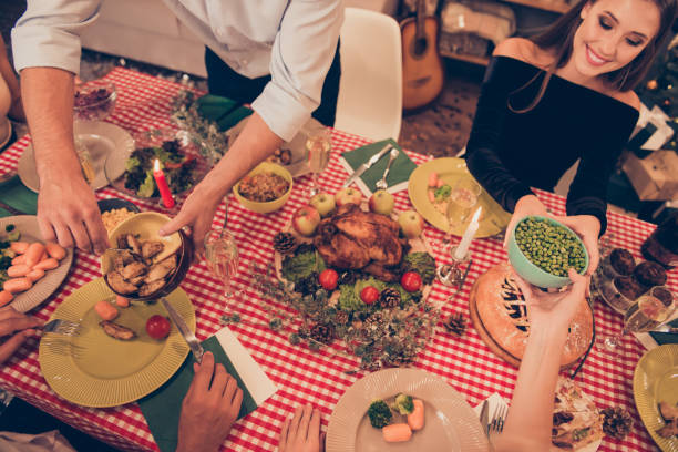 istock Top above high angle view of beautiful stylish classy elegant cheerful people at dinner table, tasting fresh homemade dishes, cuisine, house festive, family 1047612662