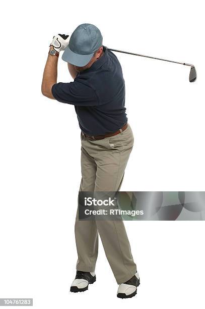 ゴルファーアイロンショットスイングのバック - ゴルフ選手のストックフォトや画像を多数ご用意 - ゴルフ選手, 白背景, カットアウト