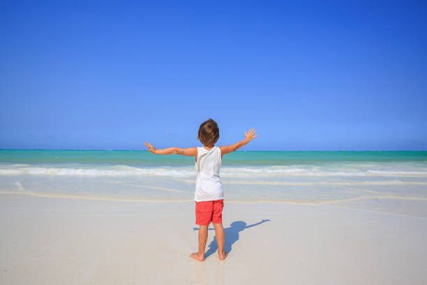 The view from the back of the child, looking at the horizon and  arms outstretched.