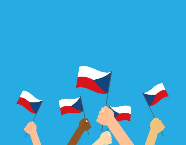 Vector illustration of Vector illustration hands holding Czech Republic flags on blue background