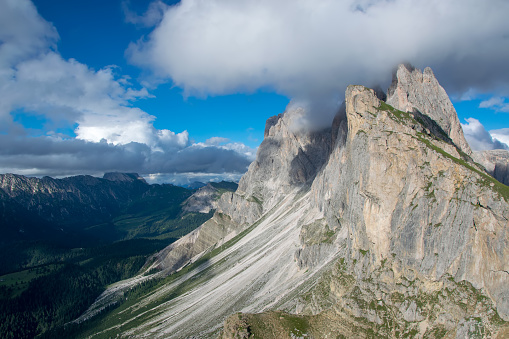 Scenic view on Odle - Geisler group. National Park Puez Odle, Val Gardena, Dolomites, South Tyrol, Italy