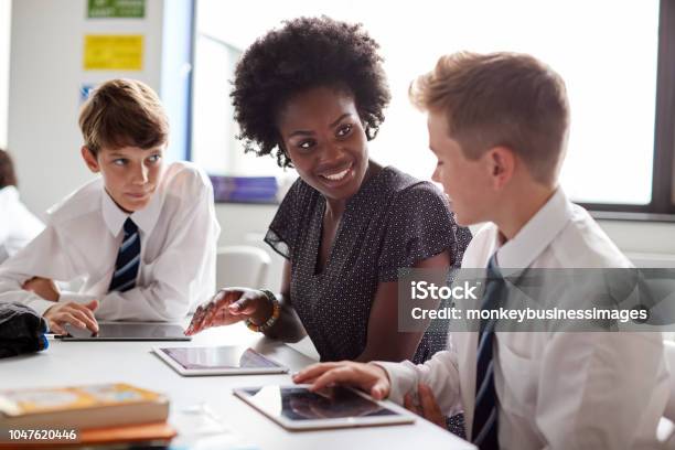 Female High School Teacher Sitting At Table With Students Wearing Uniform Using Digital Tablets In Lesson Stock Photo - Download Image Now